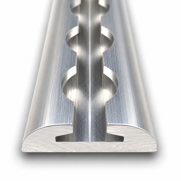 Wide aluminum L-Track cargo rail with rounded edges, showing the end profile and tie-down slots