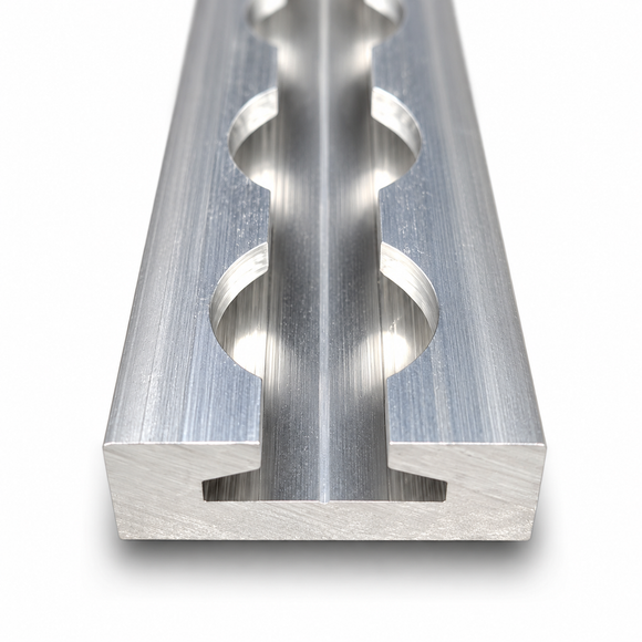 Aluminum L-Track cargo rail with square edges, showing the end profile and tie-down slots