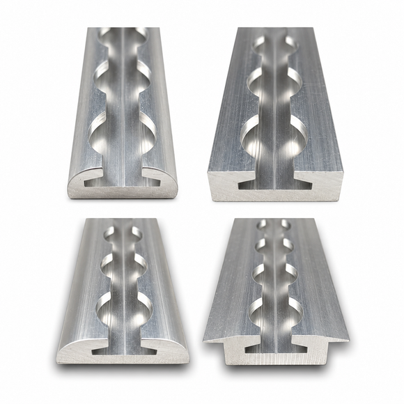 Four aluminum L-Track cargo rail profiles without pre-drilled mounting holes